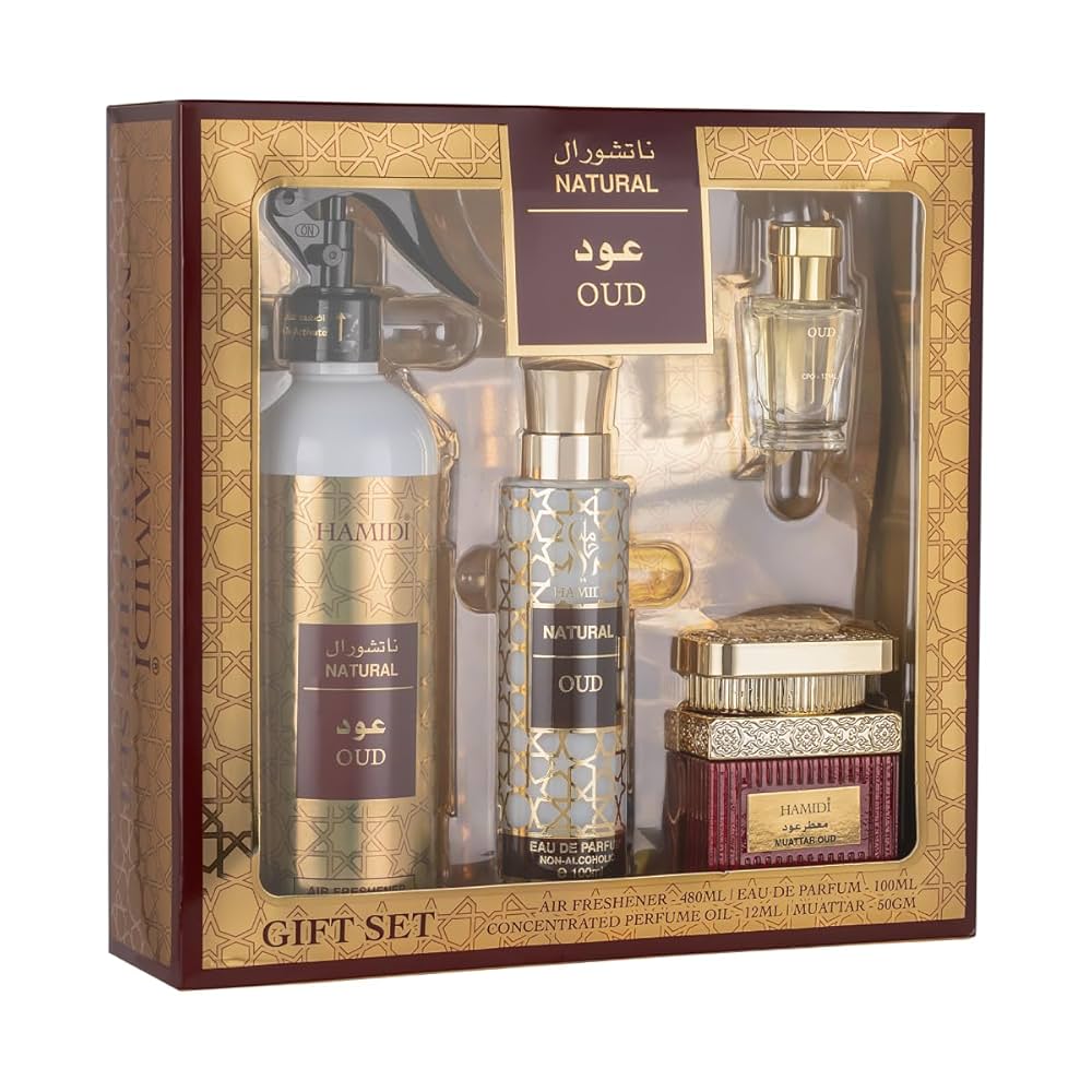 Hamidi 4-Piece Deluxe Collection Concentrated Perfume Oil Bundle Offer Set for Men, 24ml Rooh Al Oud, 24ml Khashab Al Aswad, 24ml Khashab Al Abiyad, 24ml Khashab Al Oud