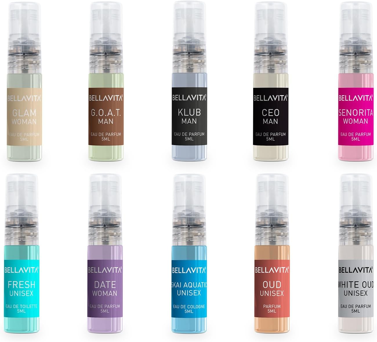 Bella Vita Luxury | Trial Pack Of 10x5ml Long Lasting Pocket Perfume for Man and Woman | Mix Of EDP, EDT & EDC Sweet, Floral, Woody, Musky & Spicy Fragrance